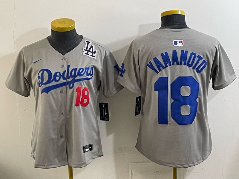 Youth 2025 Los Angeles Dodgers #18 Yamamoto Grey Game Nike MLB Jersey style 0010->youth mlb jersey->Youth Jersey